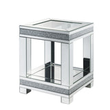 Benzara End Table with Faux Gemstone Accents and Open Bottom Mirrored Shelf, Silver BM225943 Silver Mirror, Glass and Faux Gemstones BM225943