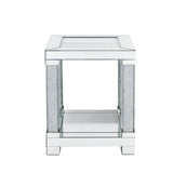 Benzara End Table with Faux Gemstone Accents and Mirrored Open Bottom Shelf, Silver BM225944 Silver Mirror, Glass and Faux Gemstones BM225944