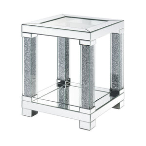 Benzara End Table with Faux Gemstone Accents and Mirrored Open Bottom Shelf, Silver BM225944 Silver Mirror, Glass and Faux Gemstones BM225944