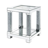 End Table with Faux Gemstone Accents and Mirrored Open Bottom Shelf, Silver