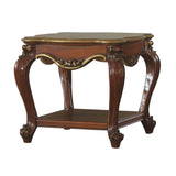 Benzara Wooden End Table with Open Bottom Shelf and Carved Details, Brown BM225947 Brown Solid Wood and Veneer BM225947