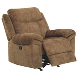 Benzara Fabric Upholstered Pull Tab Rocker Recliner with Pillow Top Armrests, Brown BM226046 Brown Solid Wood, Metal and Fabric BM226046