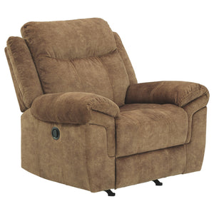 Benzara Fabric Upholstered Pull Tab Rocker Recliner with Pillow Top Armrests, Brown BM226046 Brown Solid Wood, Metal and Fabric BM226046