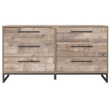 Benzara 6 Drawer Wooden Dresser with Metal Legs, Washed Brown and Black BM226079 Brown and Black Engineered Wood, Laminate and Metal BM226079