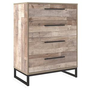 Benzara 4 Drawer Wooden Chest with Metal Legs, Washed Brown and Black BM226081 Brown and Black Engineered Wood, Laminate and Metal BM226081