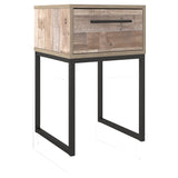 Benzara Single Drawer Wooden Nightstand with Grain Details, Washed Brown and Black BM226082 Brown and Black Engineered Wood, Laminate and Metal BM226082