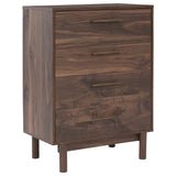 5 Drawer Wooden Chest with Grain Details and Block Legs, Brown