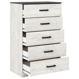 Benzara 5 Drawer Wooden Chest with Grain Details, White and Gray BM226093 White and Gray Engineered Wood and Laminate BM226093