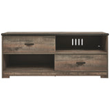 Benzara 2 Drawer Wooden TV Stand with Open Shelves, Rustic Brown BM226095 Brown Engineered Wood and Laminate BM226095