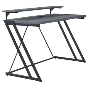 Benzara Wood and Metal Frame Office Desk with Z Shape Legs, Gray and Black BM226097 Gray and Black Engineered Wood, Laminate and Metal BM226097