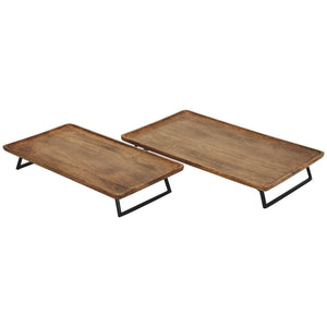 Benzara Wooden Rectangular Top Tray Set with Metal Stand,Set of 2,Brown and Black BM226129 Brown, Black Solid wood, Metal BM226129