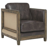 Square Fabric Accent Chair with Wooden Track Arms and Nailhead Trim, Brown