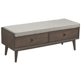 Benzara Reversible Fabric Seat Wooden Storage Bench with 2 Drawers, Taupe Brown BM226159 Brown Solid Wood, Veneer, Engineered wood and Fabric BM226159