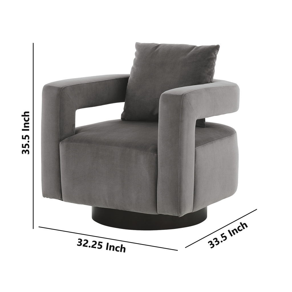 Benzara Swivel Fabric Upholstered Accent Chair with Curved Open Back and Arms, Gray BM226163 Gray Solid Wood, Fabric and Metal BM226163