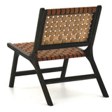 Benzara Wooden Frame Accent Chair with Leather Stripe Woven Pattern, Brown BM226167 Brown Solid Wood and Leather BM226167