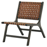 Benzara Wooden Frame Accent Chair with Leather Stripe Woven Pattern, Brown BM226167 Brown Solid Wood and Leather BM226167