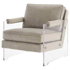 Benzara Fabric Accent Chair with Padded Top Arms and Acrylic Base, Gray and Clear BM226168 Gray and Clear Solid Wood, Fabric and Acrylic BM226168