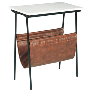 Benzara Marble Top Accent Table with Faux Leather Swing Holder, White and Brown BM226171 White and Brown Metal, Marble and Faux Leather BM226171