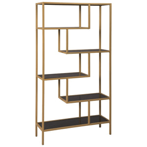 Benzara Metal Frame Bookcase with 5 Tiered Display Glass Shelves, Gold and Black BM226174 Gold and Black Metal and Glass BM226174