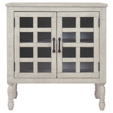 Benzara 2 Glass Inlay Door Wooden Accent Cabinet with Turned Legs, Antique White BM226179 White Solid Wood and Engineered Wood BM226179