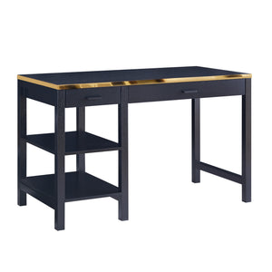 Benzara 2 Drawer Rectangular Desk with 2 Open Shelves, Black and Gold BM226198 Black, Gold Solid Wood, MDF, Metal BM226198