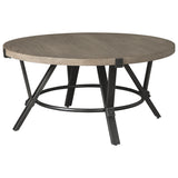 Benzara Round Wooden Top Cocktail Table with Open Geometric Base, Gray and Black BM226526 Gray and Black Metal, Engineered Wood and Veneer BM226526