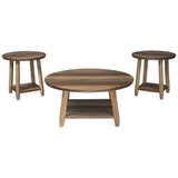 Rustic Plank Style Round Shape Cocktail and 2 End Tables, Set of 3, Brown