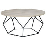 Benzara Wooden Top Round Cocktail Table with Open Geometric Base, Gray and Black BM226538 Gray and Black Solid Wood and Metal BM226538