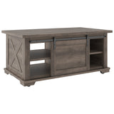 Benzara Panel Design Wooden Cocktail Table with Barn Sliding Door and Casters,Brown BM226539 Brown Solid Wood, Engineered Wood and Metal BM226539