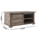 Benzara Panel Design Wooden Cocktail Table with Barn Sliding Door and Casters,Brown BM226539 Brown Solid Wood, Engineered Wood and Metal BM226539