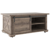 Benzara Panel Design Wooden Cocktail Table with Barn Sliding Door and Casters,Brown BM226539 Brown Solid Wood, Engineered Wood and Metal BM226539