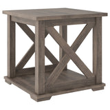 Benzara Wooden Square End Table with Bottom Shelf and Cross Design Sides, Brown BM226540 Brown Solid Wood and Engineered Wood BM226540