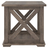 Benzara Wooden Square End Table with Bottom Shelf and Cross Design Sides, Brown BM226540 Brown Solid Wood and Engineered Wood BM226540