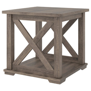 Benzara Wooden Square End Table with Bottom Shelf and Cross Design Sides, Brown BM226540 Brown Solid Wood and Engineered Wood BM226540