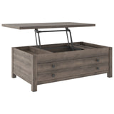 Benzara Wooden Cocktail Table with Reclining Lift Top, Weathered Brown BM226542 Brown Solid Wood, Engineered Wood and Metal BM226542