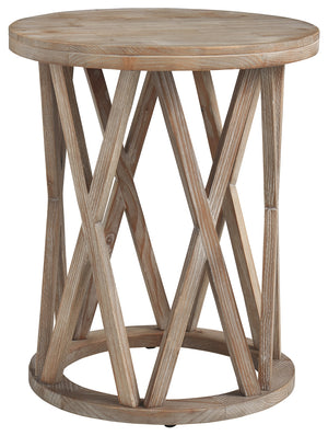 Benzara Wooden Round End Table with Plank Top and X Motif Base, Light Brown BM226556 Brown Solid wood BM226556