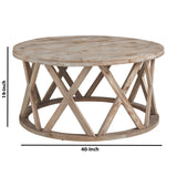 Benzara Wooden Plank Top Round Cocktail Table with X Shaped Motif Base, Light Brown BM226557 Brown Solid wood BM226557