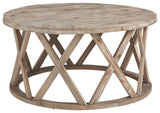 Wooden Plank Top Round Cocktail Table with X Shaped Motif Base, Light Brown