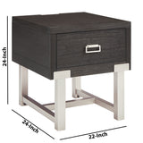 Benzara 1 Drawer Wooden End Table with Metal Legs and USB Plug In, Black BM226560 Black Solid wood, Metal, Veneer, Engineered wood BM226560