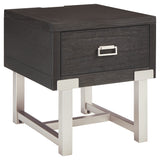 Benzara 1 Drawer Wooden End Table with Metal Legs and USB Plug In, Black BM226560 Black Solid wood, Metal, Veneer, Engineered wood BM226560