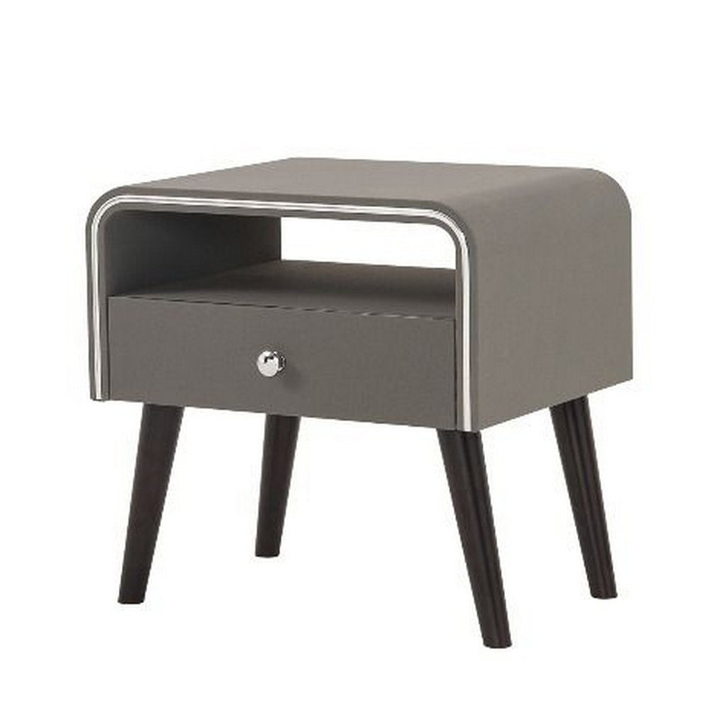 Benzara Curved Edge 1 Drawer Nightstand with Chrome Trim, Gray and Brown BM226952 Gray and Brown Wood BM226952