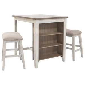 Benzara 3 Piece Counter Height Table and Barstool Set, Antique White and Brown BM227029 White, Brown Solid Wood, Fabric BM227029