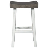 Benzara 31 Inch Wooden Saddle Stool with Angular Legs, Set of 2, Brown and White BM227038 Brown, White Solid Wood BM227038