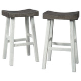 31 Inch Wooden Saddle Stool with Angular Legs, Set of 2, Brown and White