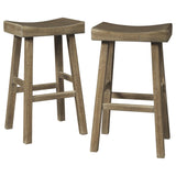 31 Inch Wooden Saddle Stool with Angular Legs, Set of 2, Brown