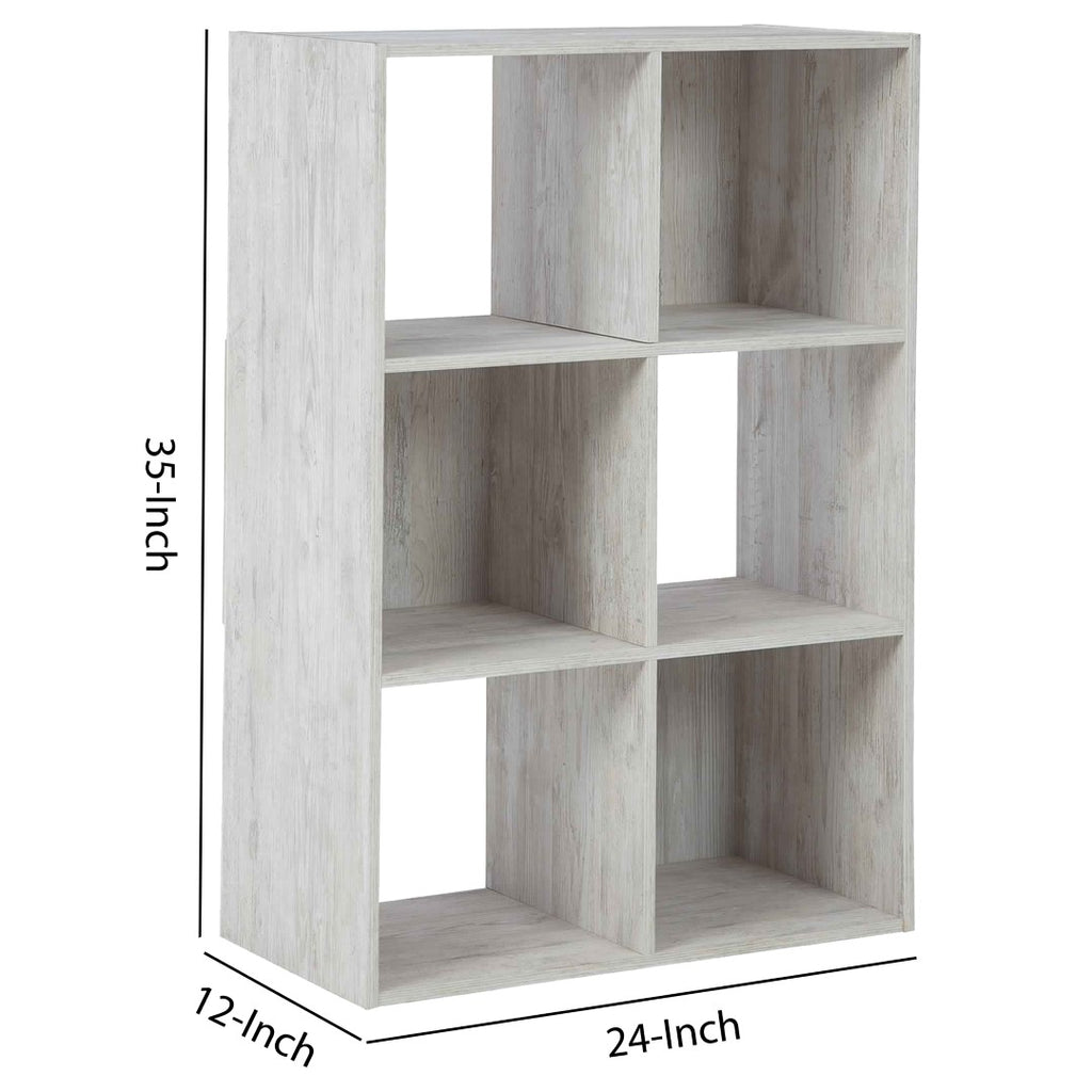 Benzara 6 Cube Wooden Organizer with Grain Details, Washed White BM227057 White Solid Wood BM227057