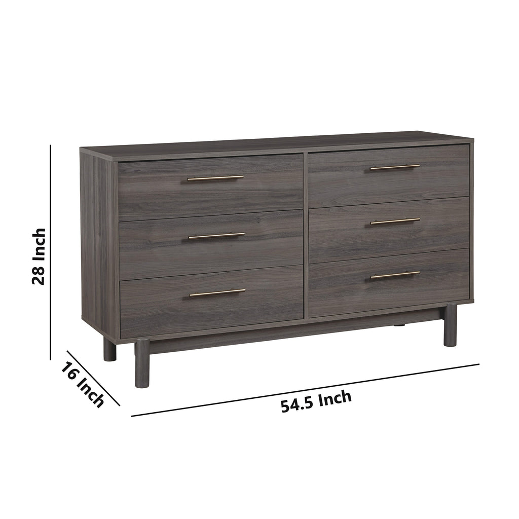 Benzara 6 Drawer Contemporary Wooden Dresser with Metal Bar Handles, Gray BM227065 Gray Solid Wood BM227065