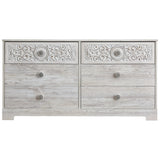 Benzara 6 Drawer Wood Dresser with Floral Carving and Medallion Pulls, Washed White BM227070 White Solid Wood BM227070