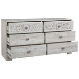 Benzara 6 Drawer Wood Dresser with Floral Carving and Medallion Pulls, Washed White BM227070 White Solid Wood BM227070