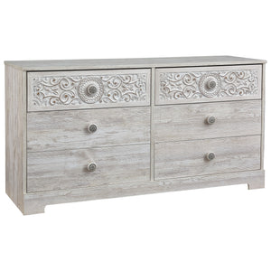 Benzara 6 Drawer Wood Dresser with Floral Carving and Medallion Pulls, Washed White BM227070 White Solid Wood BM227070